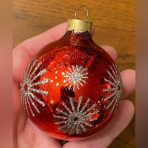 VTG Rauch Red Glass Christmas Ornament w Silver Glitter Atomic Starburst MCM 3”